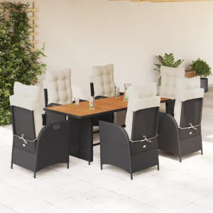 Set de comedor de jardín 7 pzas y cojines ratán sintético negro D