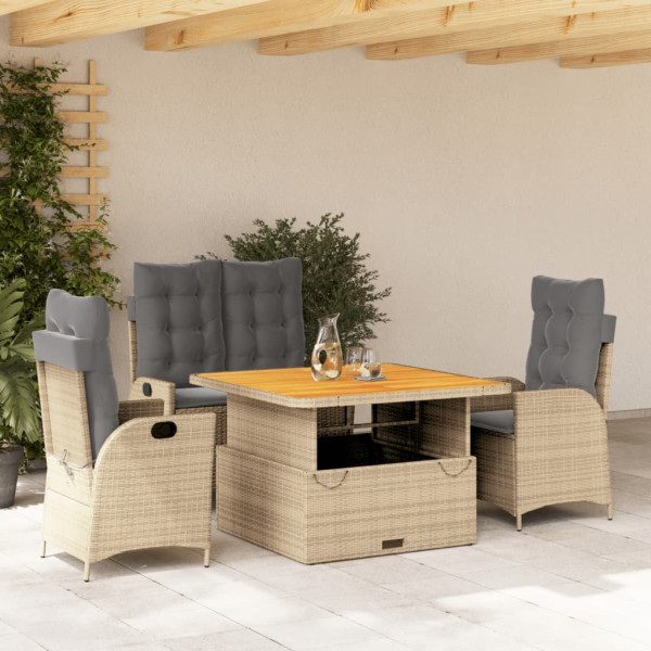 Set de comedor jardín con cojines 4 pzas ratán sintético beige D