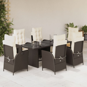 Set comedor de jardín 7 pzas con cojines ratán sintético marrón D