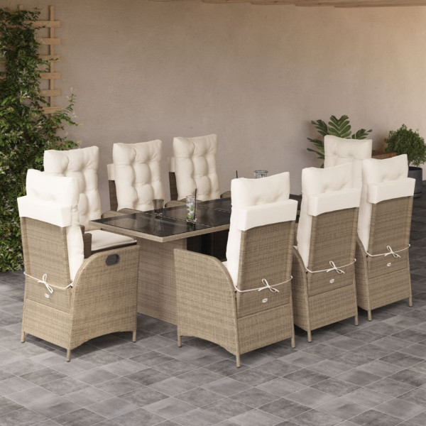 Set comedor de jardín 9 pzas con cojines ratán sintético beige D