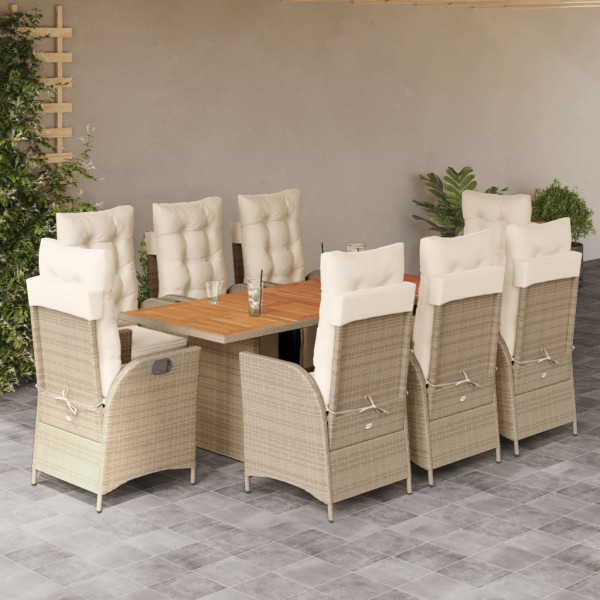 Set comedor de jardín 9 pzas con cojines ratán sintético beige D