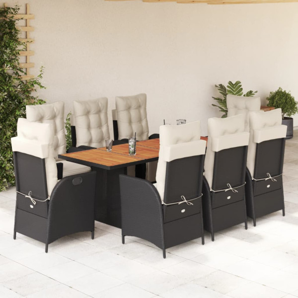 Set de comedor de jardín 9 pzas y cojines ratán sintético negro D