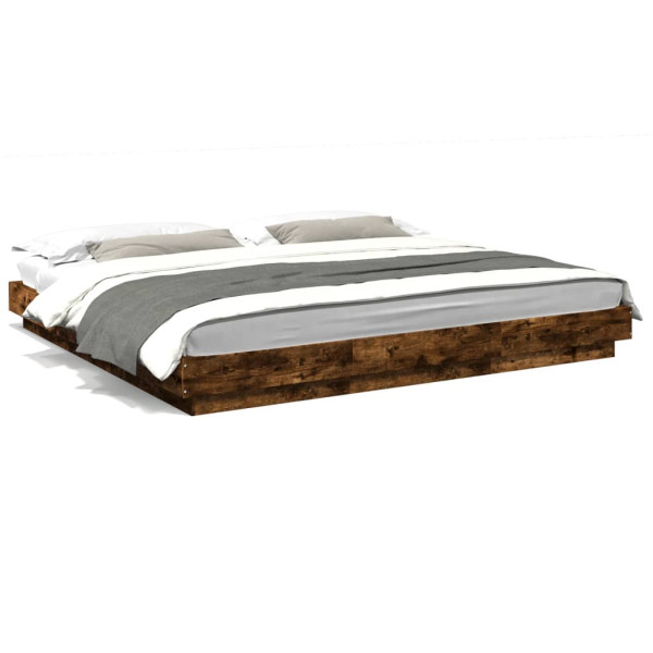 Estructura cama con luces LED madera roble ahumado 200x200 cm D