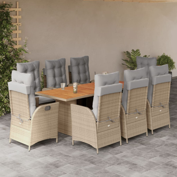 Set comedor de jardín 9 pzas con cojines ratán sintético beige D