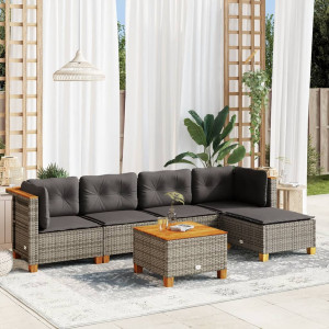 Set de muebles de jardín 6 pzas y cojines ratán sintético gris D