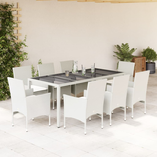 Set comedor jardín 9 pzas cojines ratán sintético vidrio blanco D