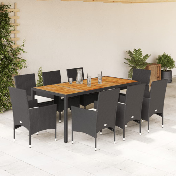 Set de comedor jardín 9 pzas con cojines ratán PE acacia negro D