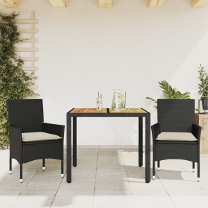 Set de comedor jardín 3 pzas con cojines ratán PE acacia negro D