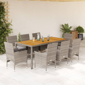 Set de comedor jardín 9 pzas con cojines ratán PE acacia gris D