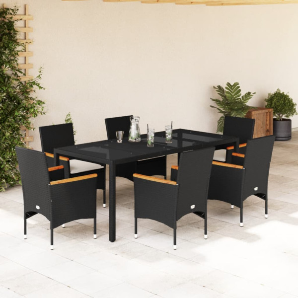 Set comedor jardín 7 pzas cojines ratán sintético vidrio negro D