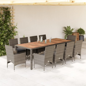 Set comedor jardín 11 pzas cojines ratán sintético acacia gris D