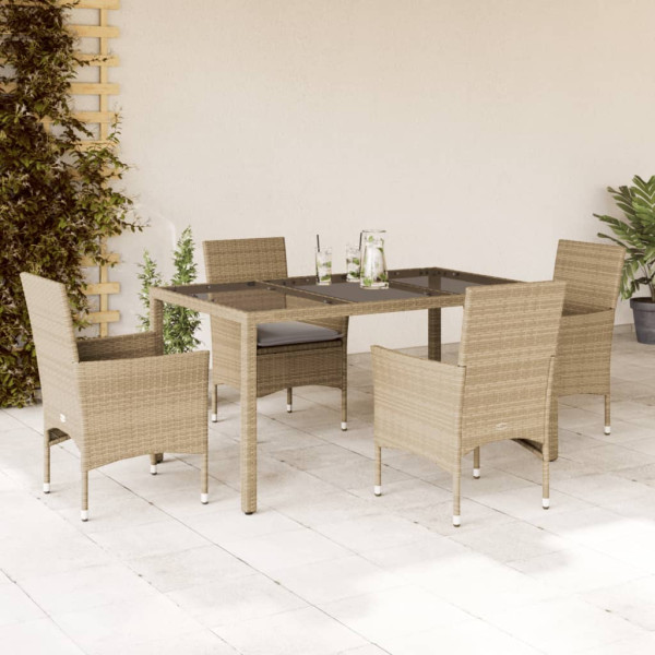 Set comedor jardín 5 pzas cojines ratán sintético vidrio beige D