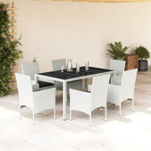 Set comedor jardín 7 pzas cojines ratán sintético vidrio blanco D