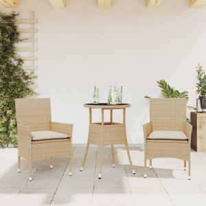 Set comedor jardín 3 pzas cojines ratán sintético vidrio beige D