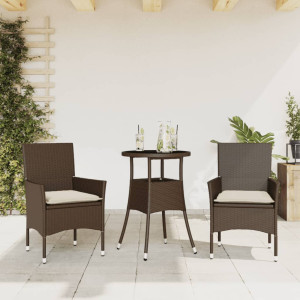 Set comedor jardín 3 pzas cojines ratán sintético vidrio marrón D