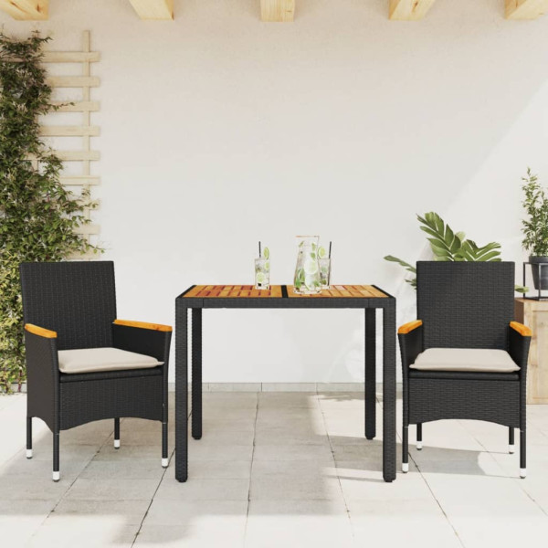 Set de comedor jardín 3 pzas con cojines ratán PE acacia negro D