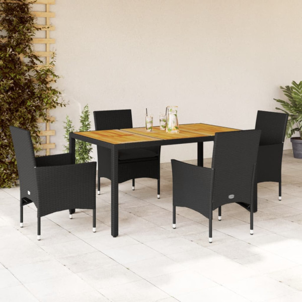 Set de comedor jardín 5 pzas con cojines ratán PE acacia negro D