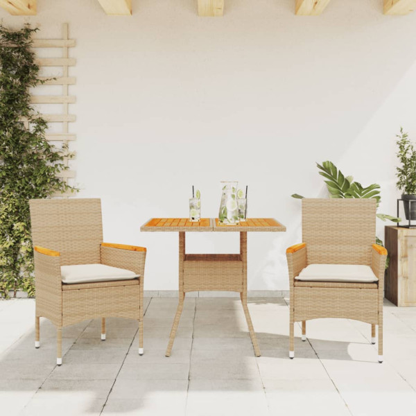 Set de comedor jardín 3 pzas con cojines ratán PE acacia beige D