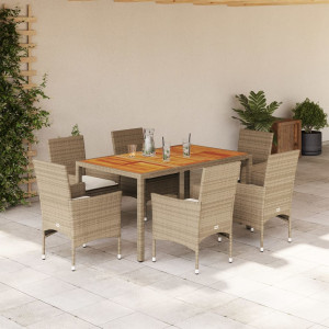 Set de comedor jardín 7 pzas con cojines ratán PE acacia beige D