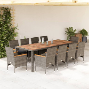 Set comedor jardín 11 pzas cojines ratán sintético acacia gris D