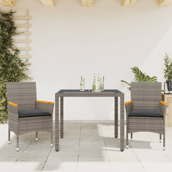 Set comedor jardín 3 pzas y cojines ratán sintético vidrio gris D