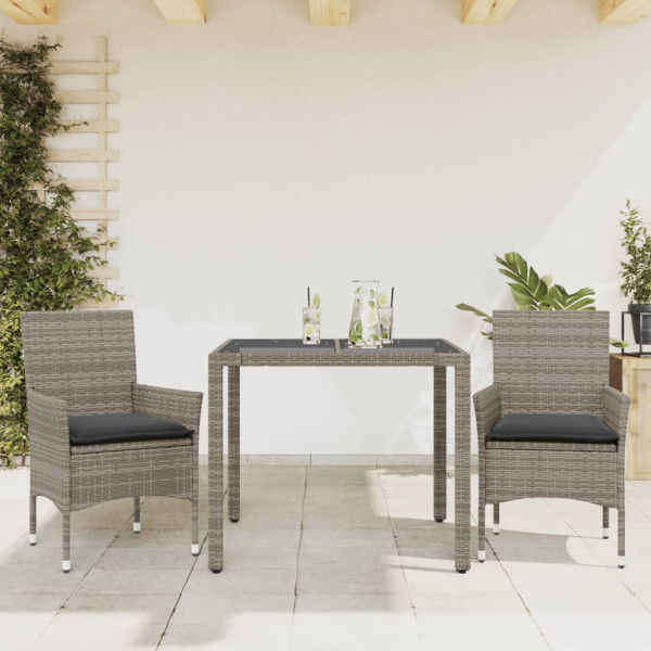 Set comedor jardín 3 pzas y cojines ratán sintético vidrio gris D