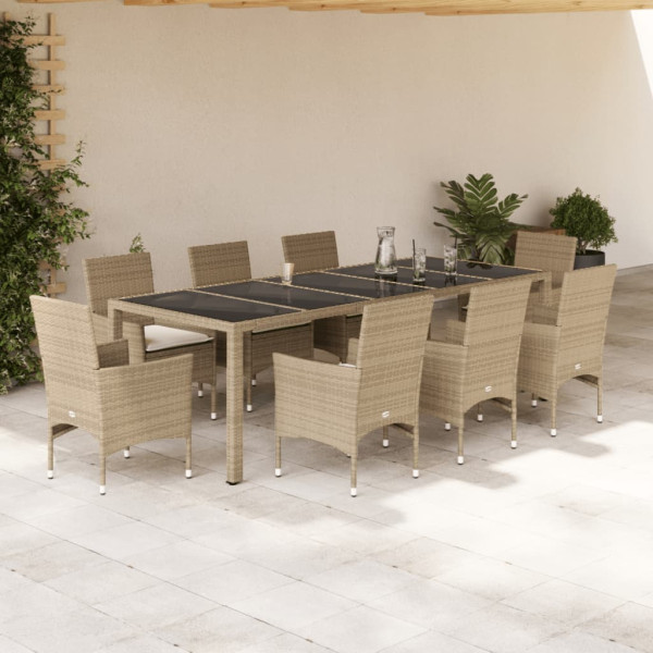 Set comedor jardín 9 pzas cojines ratán sintético vidrio beige D