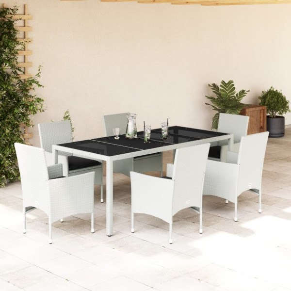 Set comedor jardín 7 pzas cojines ratán sintético vidrio blanco D