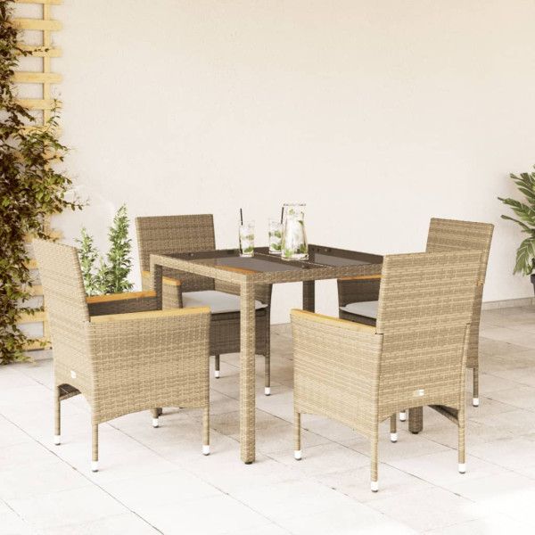 Set comedor jardín 5 pzas cojines ratán sintético vidrio beige D