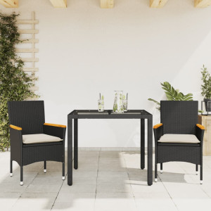 Set comedor jardín 3 pzas cojines ratán sintético vidrio negro D