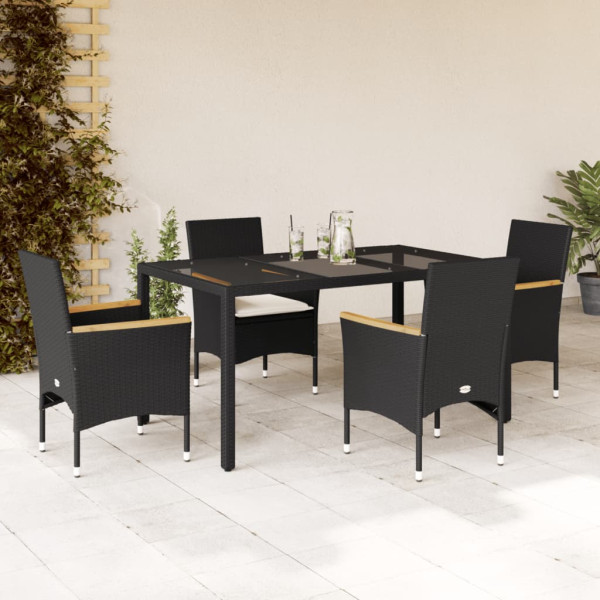 Set comedor jardín 5 pzas cojines ratán sintético vidrio negro D