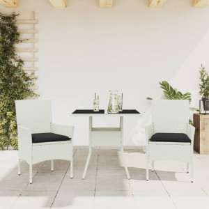 Set comedor jardín 3 pzas cojines ratán sintético vidrio blanco D