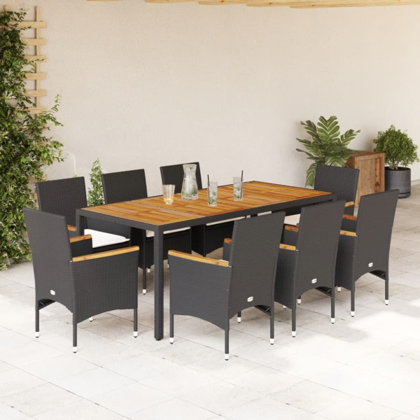 Set de comedor jardín 9 pzas con cojines ratán PE acacia negro D