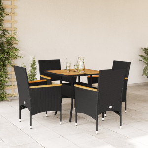 Set de comedor jardín 5 pzas con cojines ratán PE acacia negro D