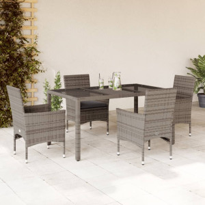 Set comedor jardín 5 pzas y cojines ratán sintético vidrio gris D