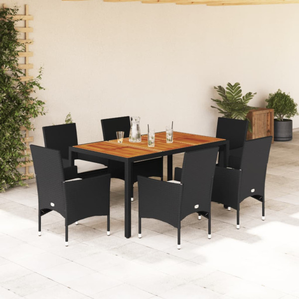 Set de comedor jardín 7 pzas con cojines ratán PE acacia negro D