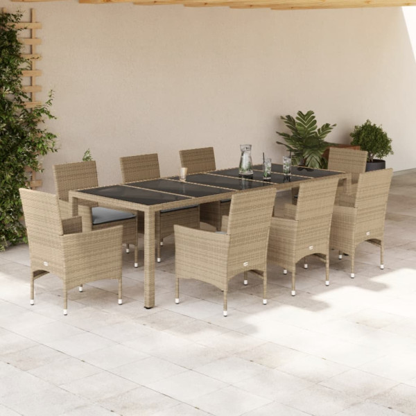 Set comedor jardín 9 pzas cojines ratán sintético vidrio beige D