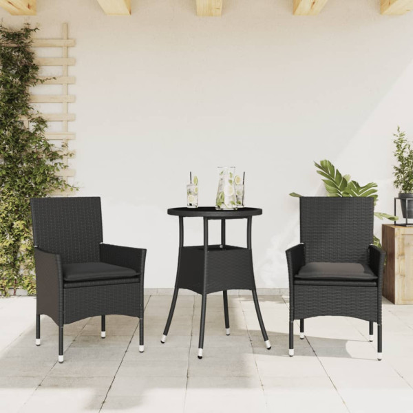 Set comedor jardín 3 pzas cojines ratán sintético vidrio negro D