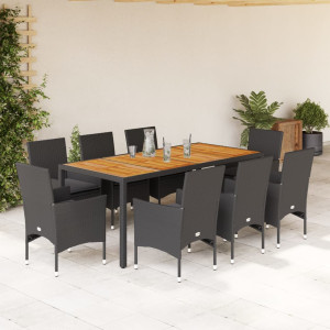 Set de comedor jardín 9 pzas con cojines ratán PE acacia negro D