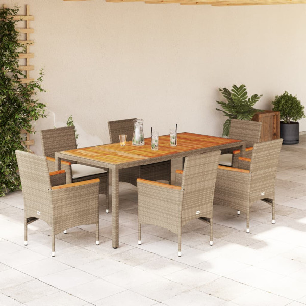 Set de comedor jardín 7 pzas con cojines ratán PE acacia beige D