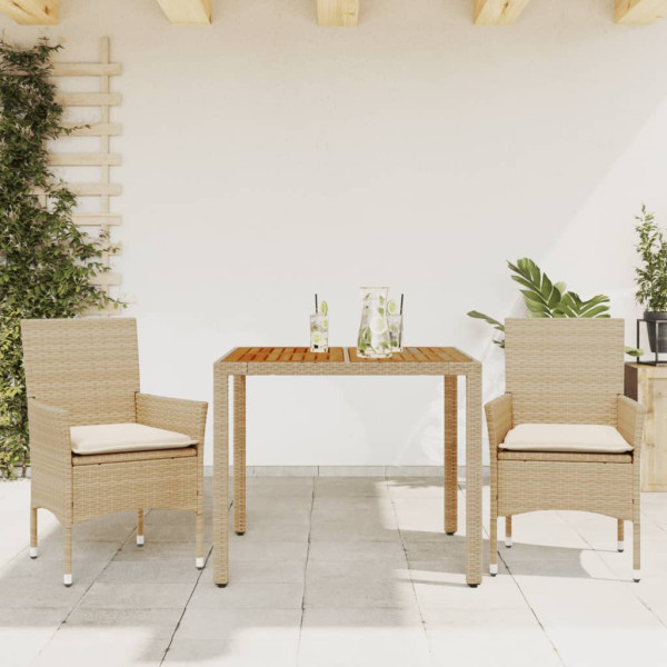 Set de comedor jardín 3 pzas con cojines ratán PE acacia beige D