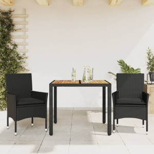 Set de comedor jardín 3 pzas con cojines ratán PE acacia negro D