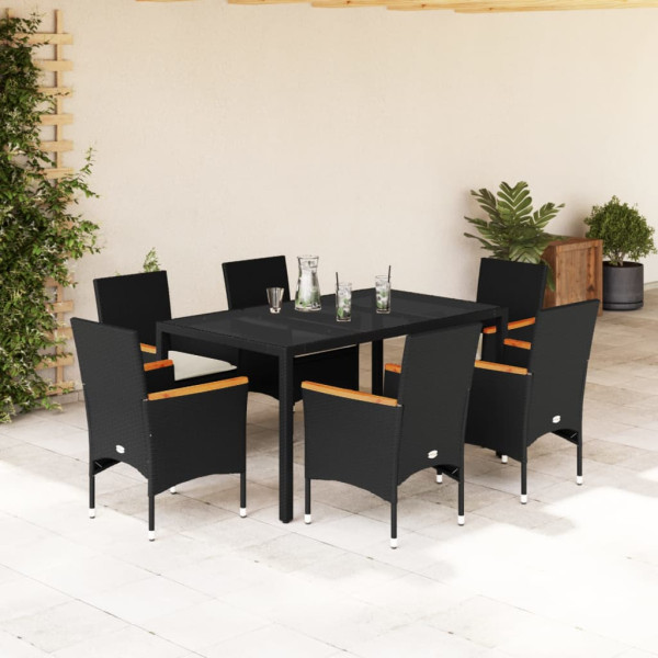 Set comedor jardín 7 pzas cojines ratán sintético vidrio negro D