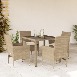 Set comedor jardín 5 pzas cojines ratán sintético vidrio beige D