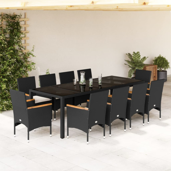 Set comedor jardín 11 pzas cojines ratán sintético vidrio negro D