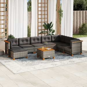 Set de muebles de jardín 9 pzas y cojines ratán sintético gris D