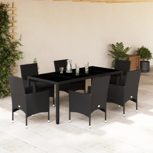 Set comedor jardín 7 pzas cojines ratán sintético vidrio negro D