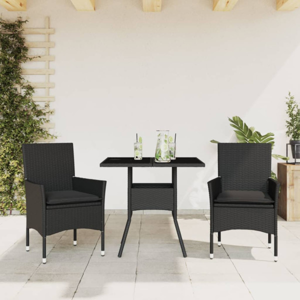 Set comedor jardín 3 pzas cojines ratán sintético vidrio negro D