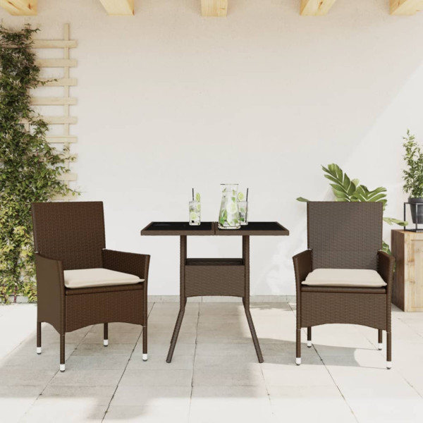 Set comedor jardín 3 pzas cojines ratán sintético vidrio marrón D