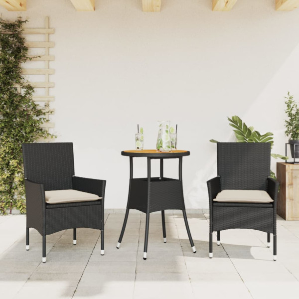 Set de comedor jardín 3 pzas con cojines ratán PE acacia negro D